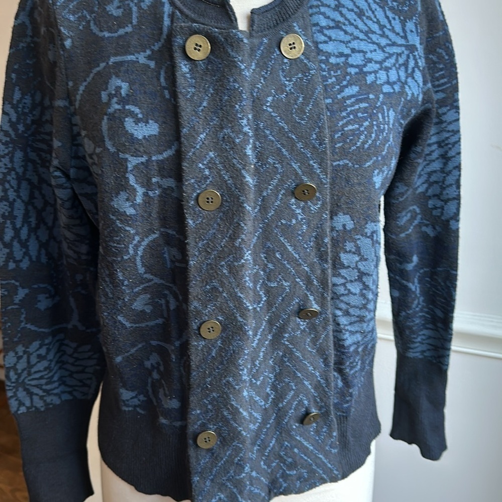 Peruvian Connection Double Button Cardigan Sweater Blue Floral Womens Large EUC - Picture 3 of 8
